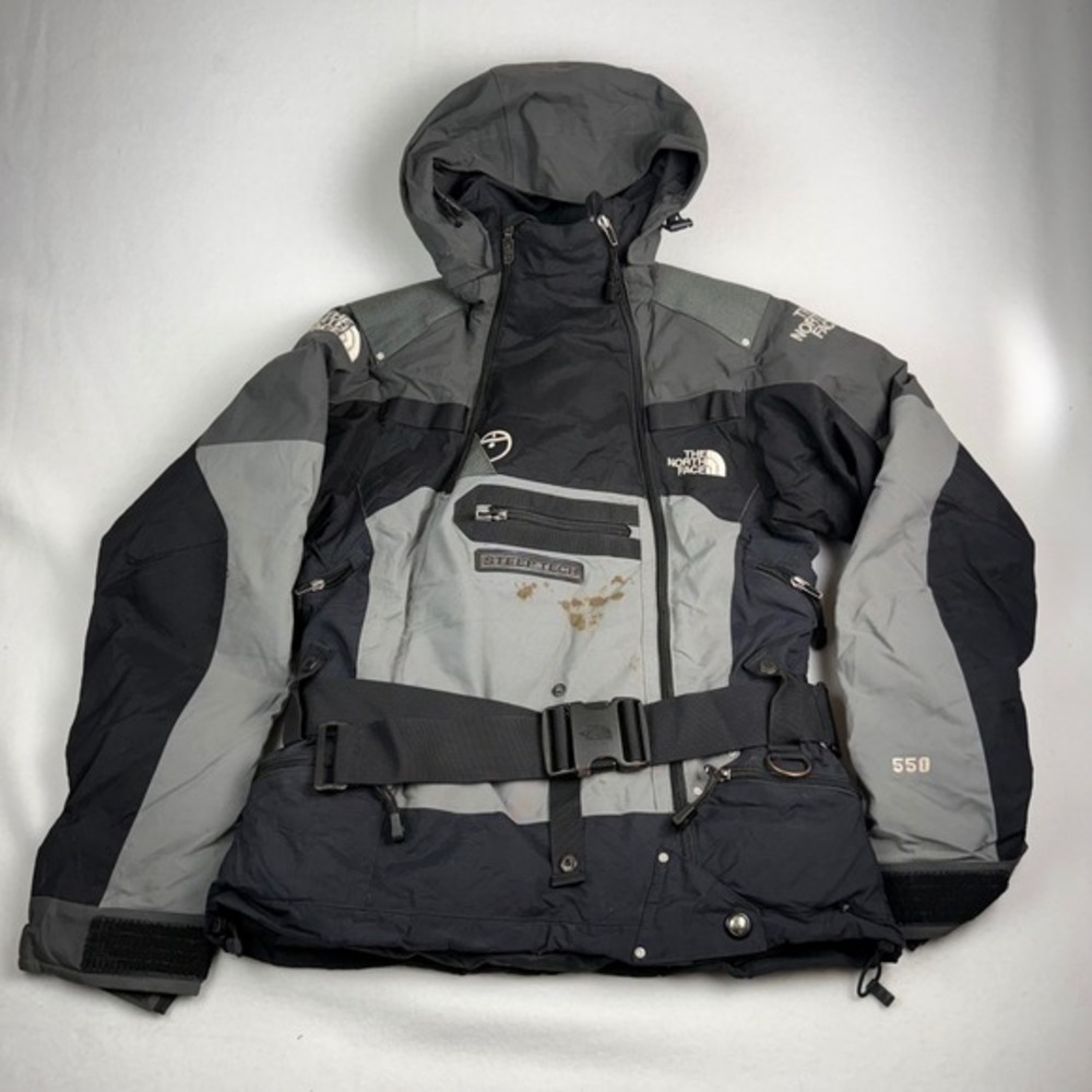 The North Face Steep Tech 550 Down Jacket Womens Small Grey Black Hooded Belted‎